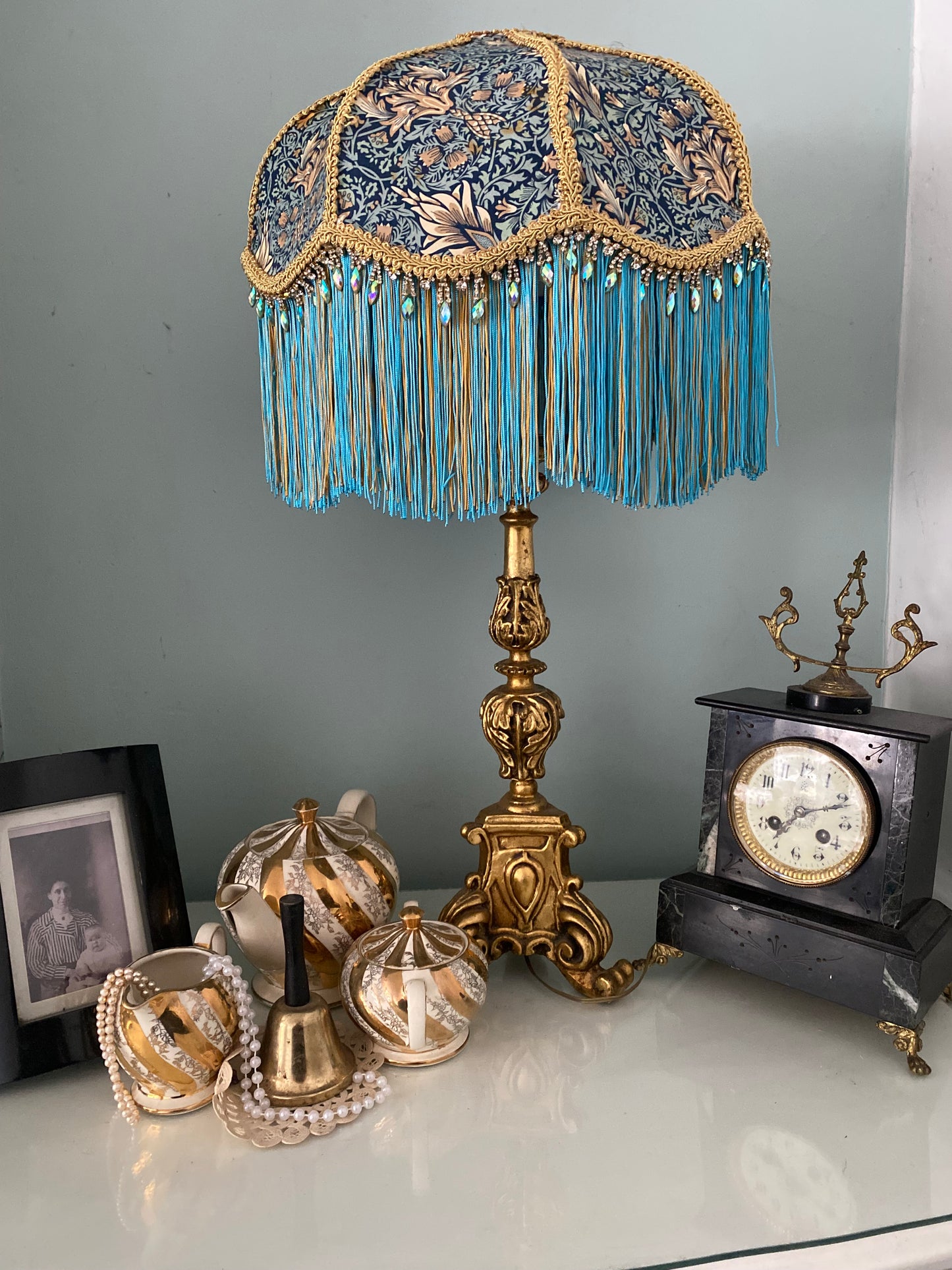 Art Deco fringed lampshade William Morris Snakes-head in Turquoise