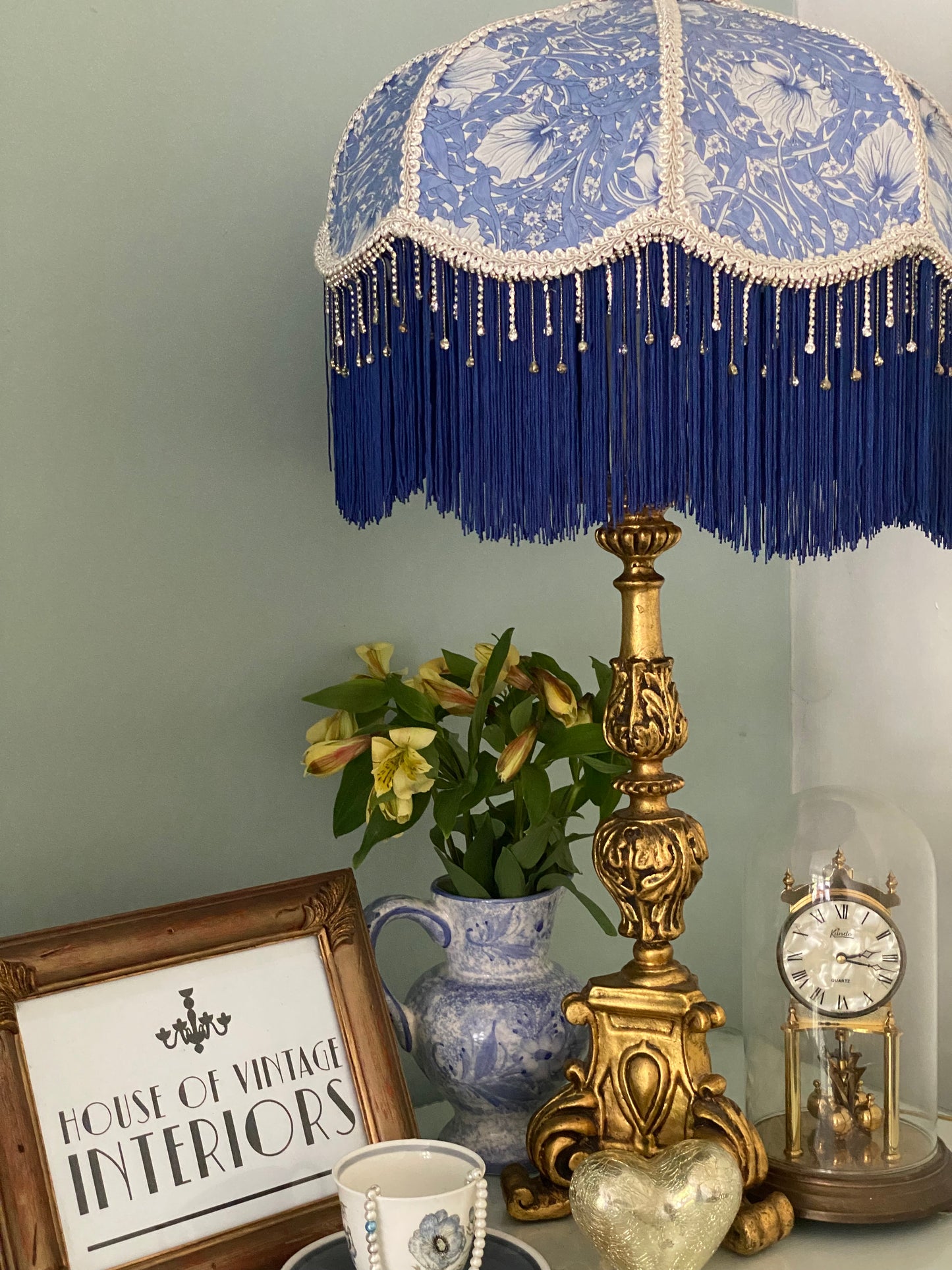 Art deco fringed lampshade :blue William Morris periwinkle shade
