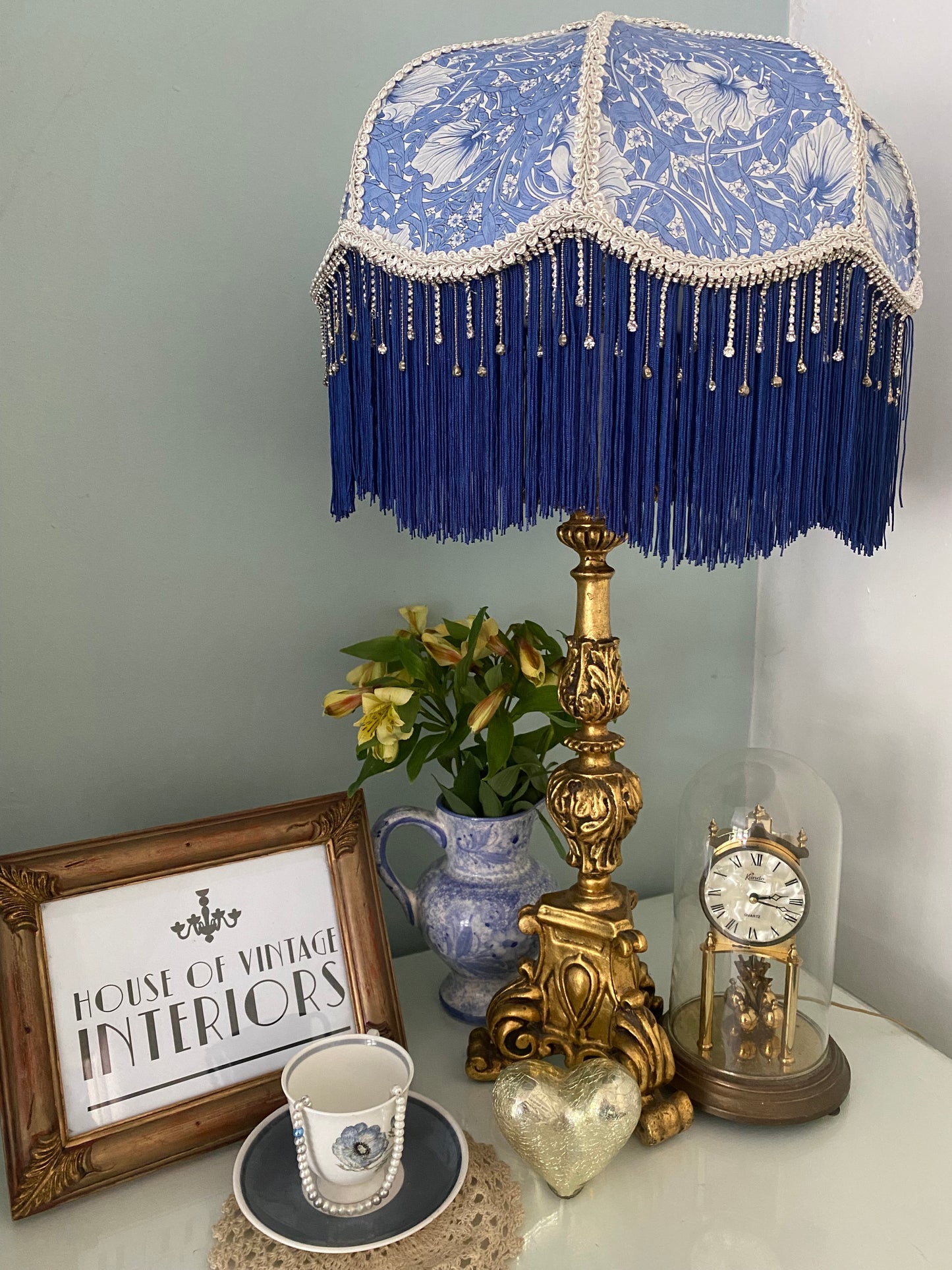 Art deco fringed lampshade :blue William Morris periwinkle shade
