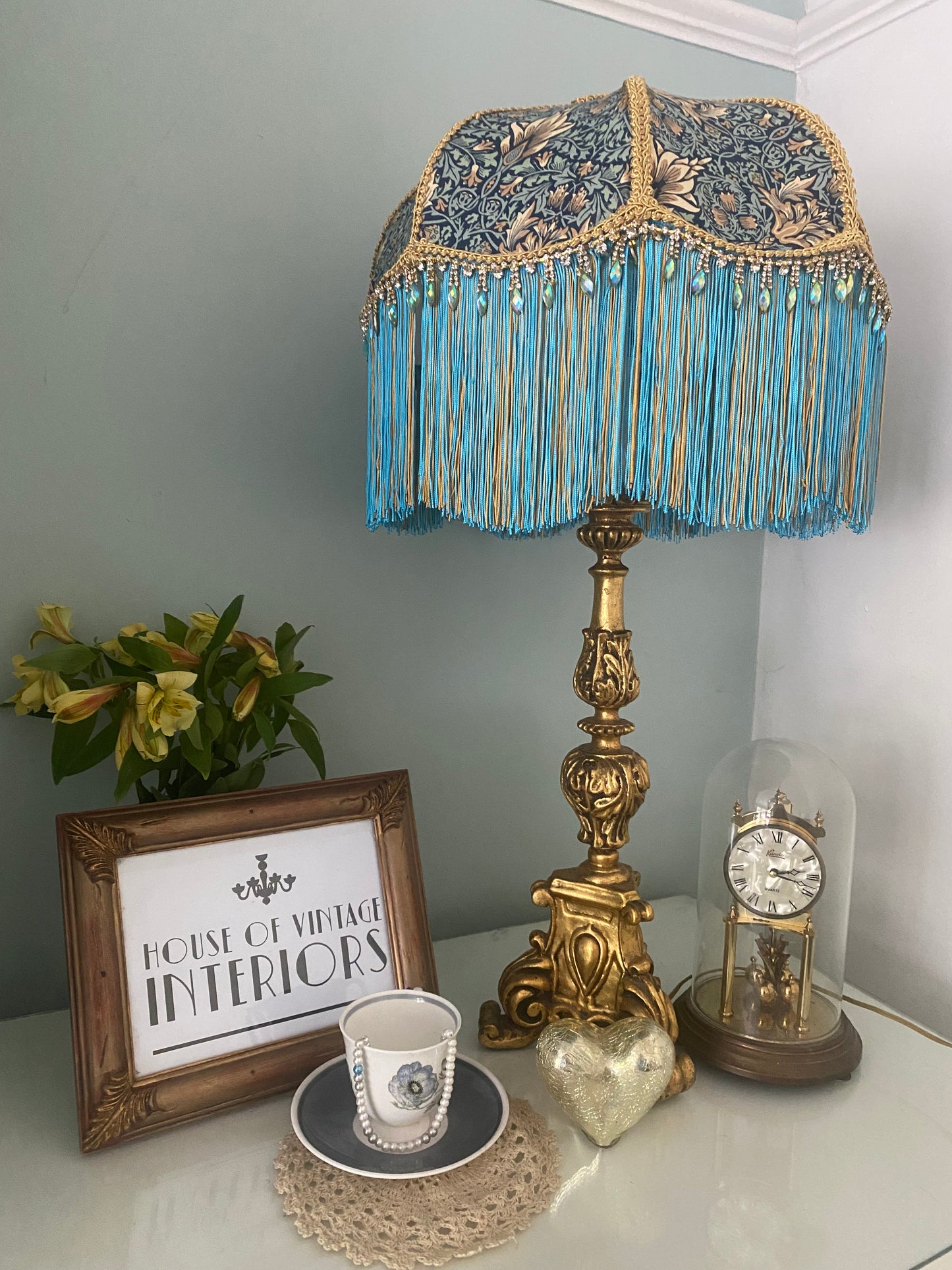 Art Deco fringed lampshade William Morris Snakeshead Turquoise design )