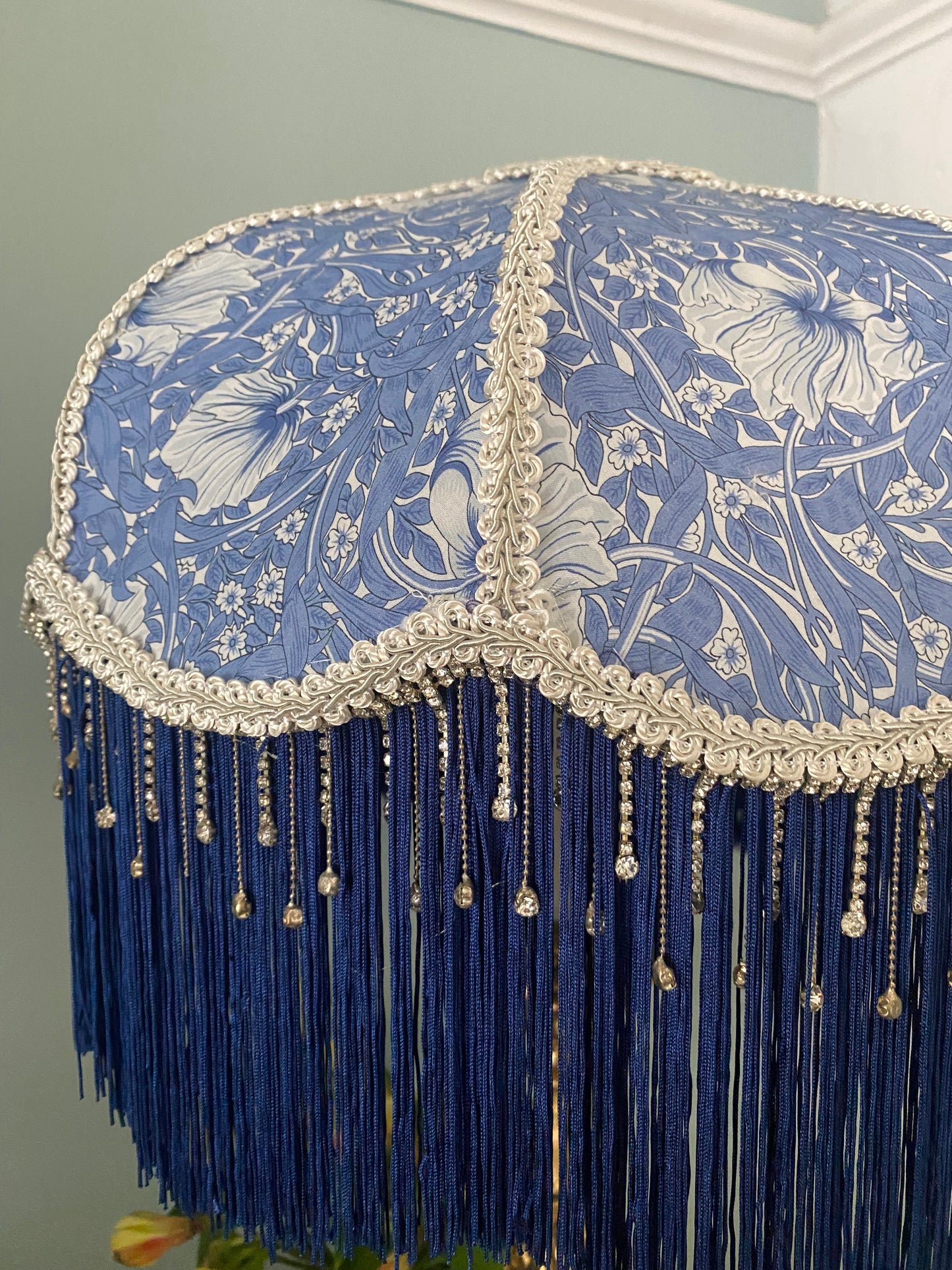 Art deco fringed lampshade :blue William Morris periwinkle shade