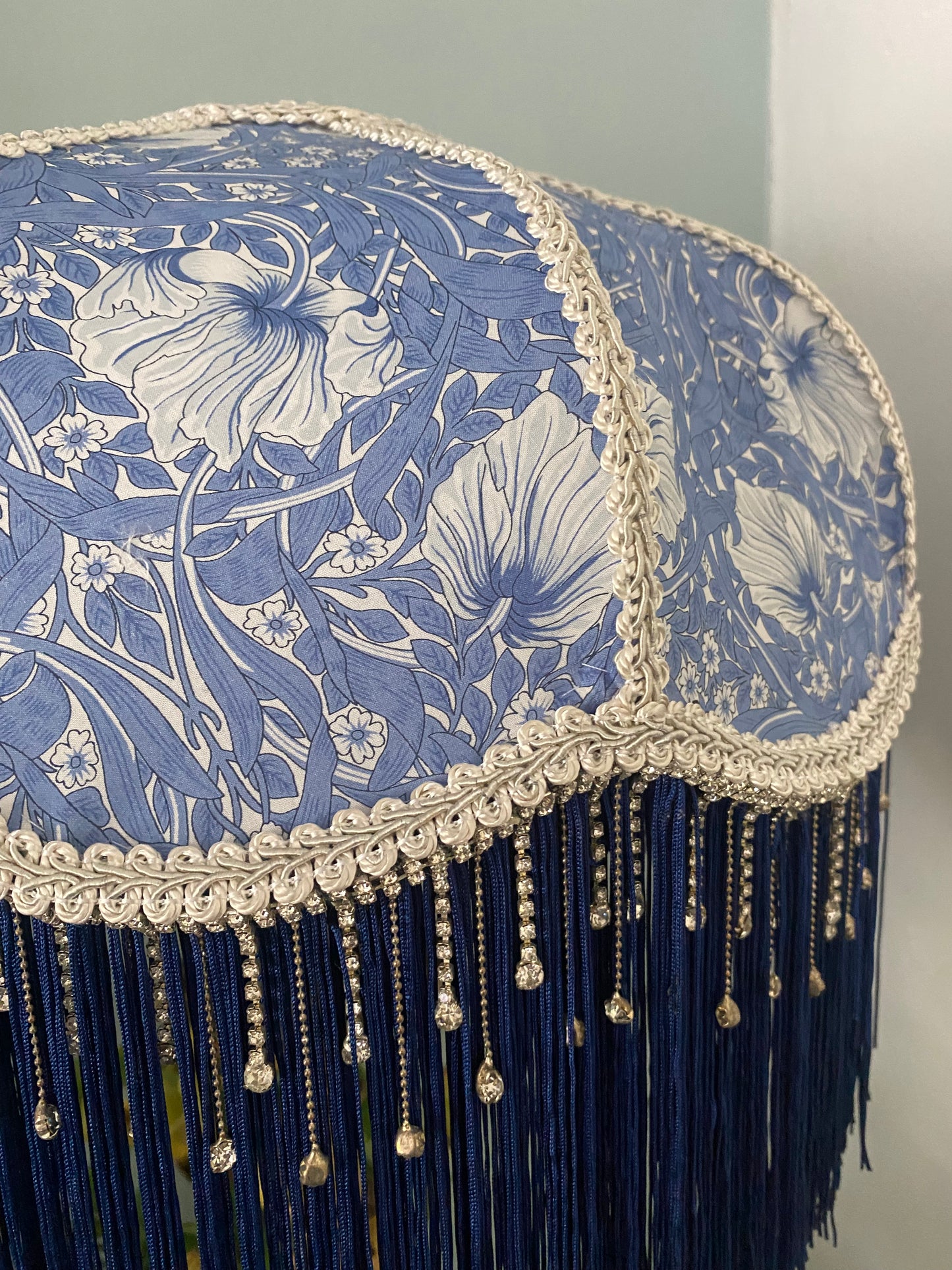 Art deco fringed lampshade :blue William Morris periwinkle shade