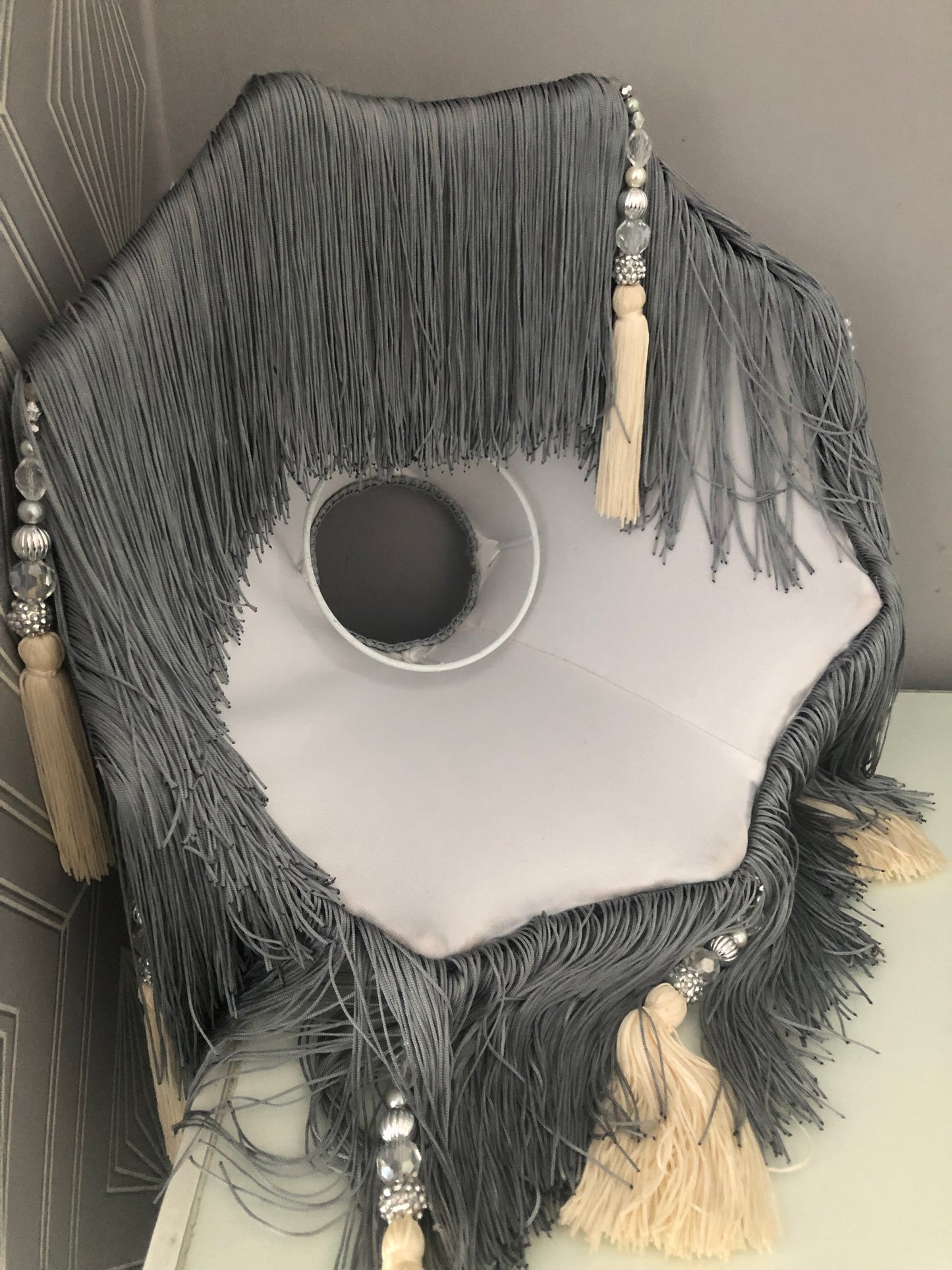 Victorian fringed Lampshade internal lining with fringes and bead details