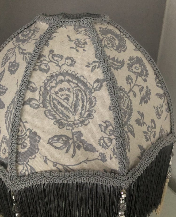 victorian fringed lampshade dome shaped close up of toile fabric