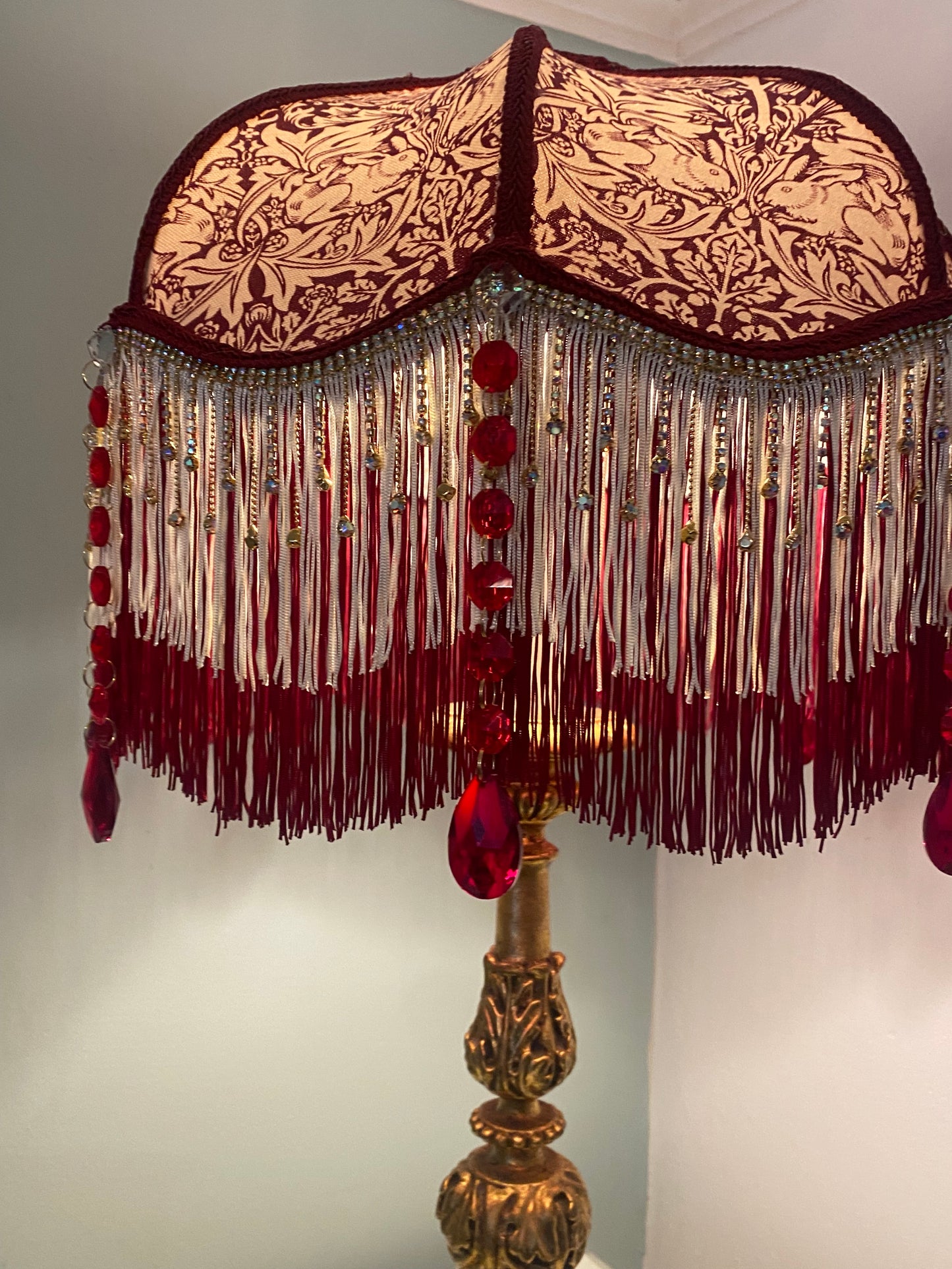 Art Deco fringed lampshade William Morris  Brer Rabbit burgundy design