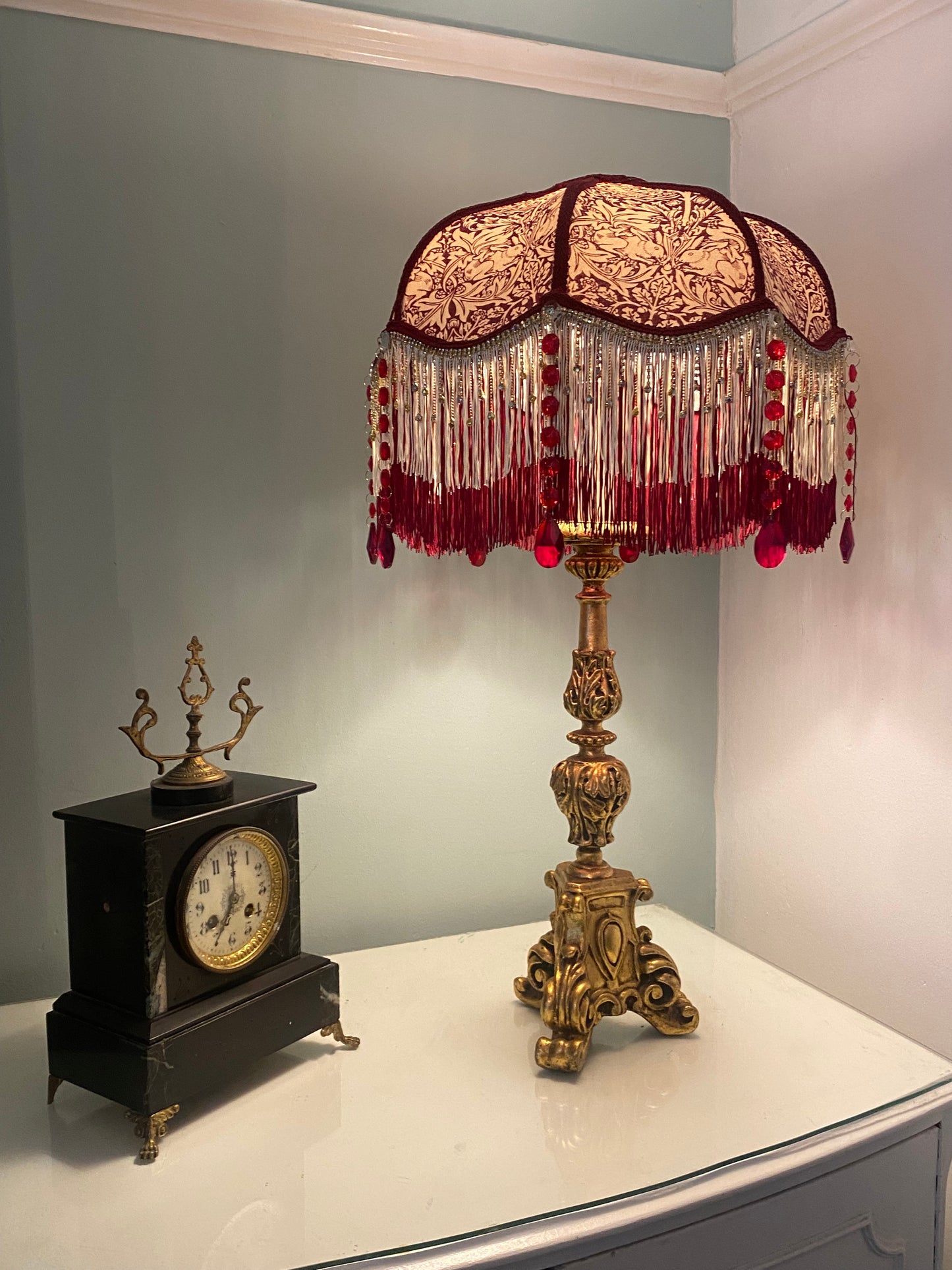 Art Deco fringed lampshade William Morris  Brer Rabbit burgundy design