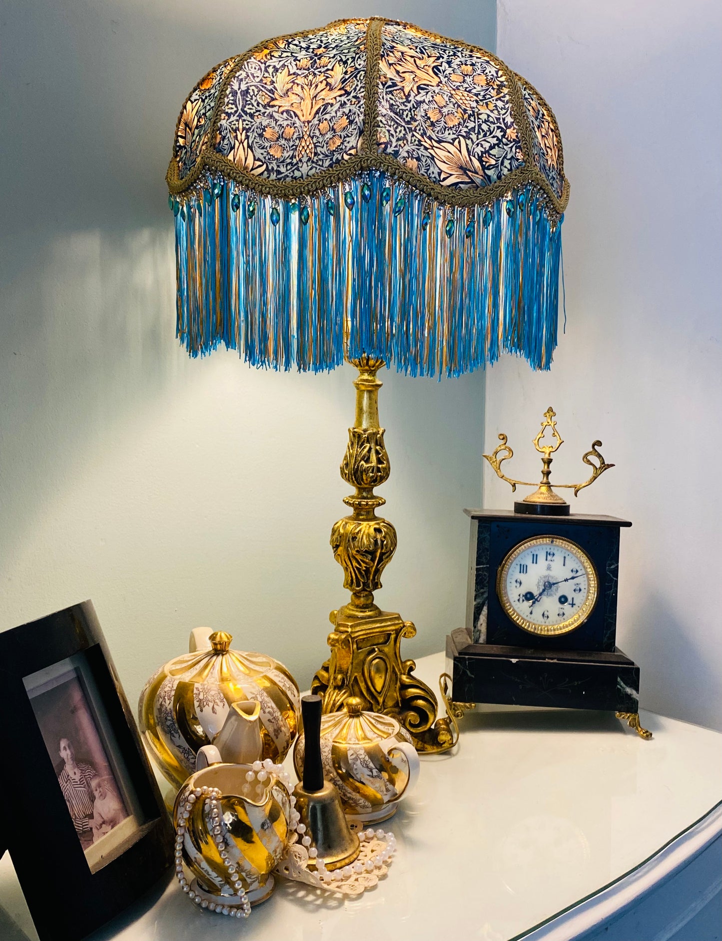 Art Deco fringed lampshade William Morris  Snakes-head in  Turquoise