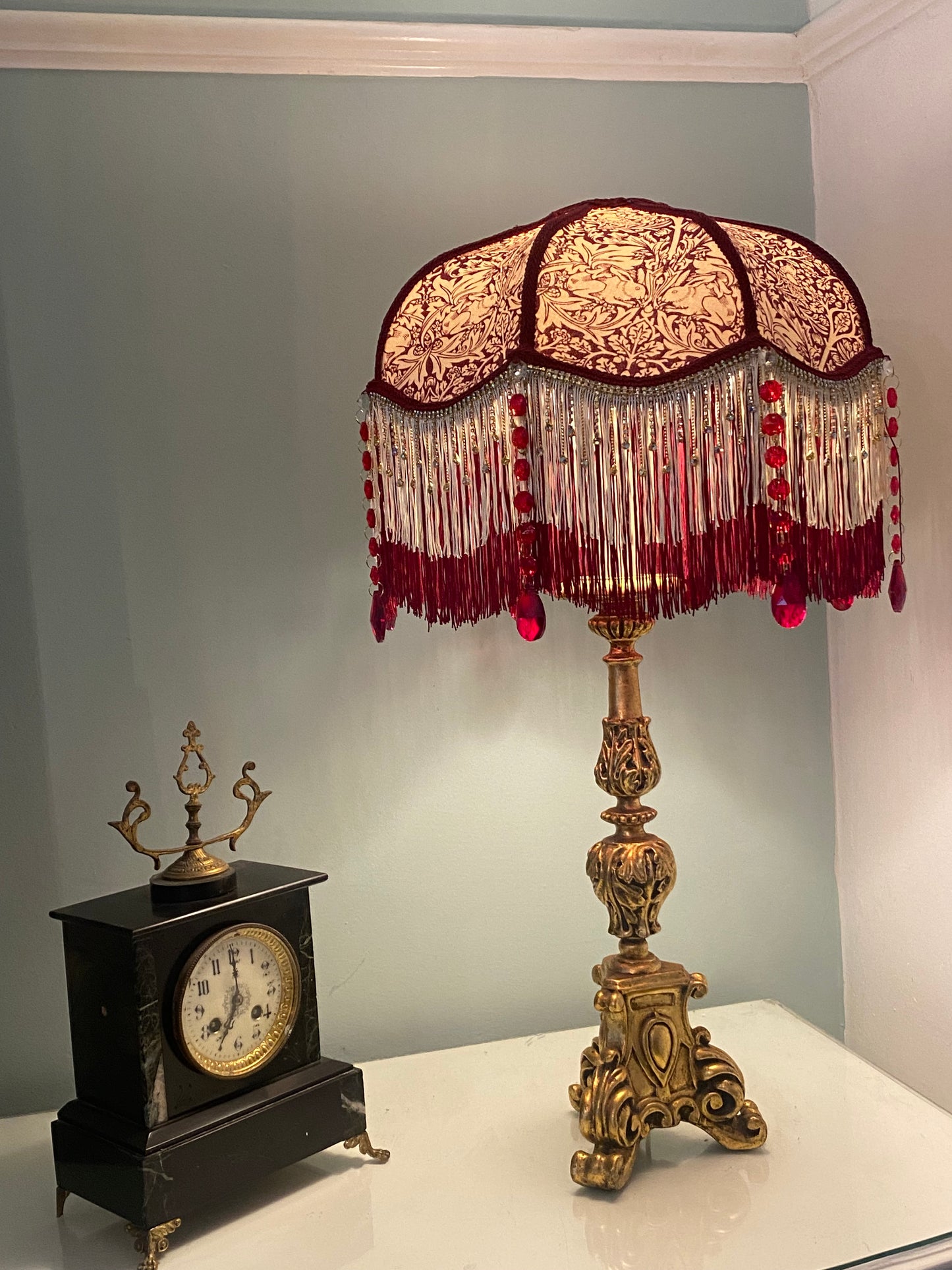 Art Deco fringed lampshade William Morris  Brer Rabbit burgundy design
