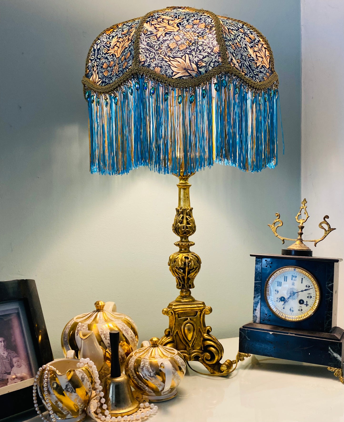 Art Deco fringed lampshade William Morris  Snakes-head in  Turquoise