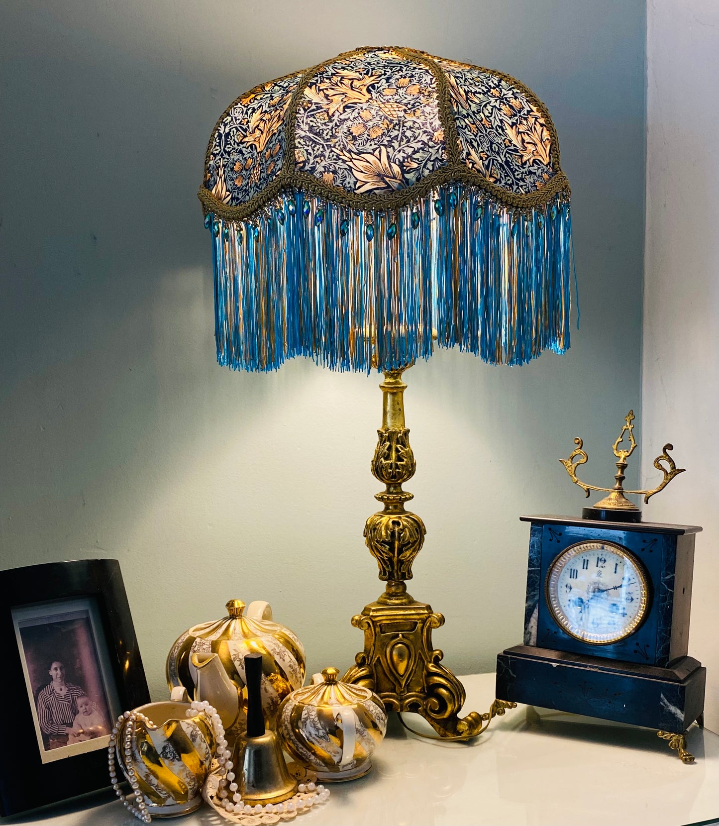 Art Deco fringed lampshade William Morris  Snakes-head in  Turquoise