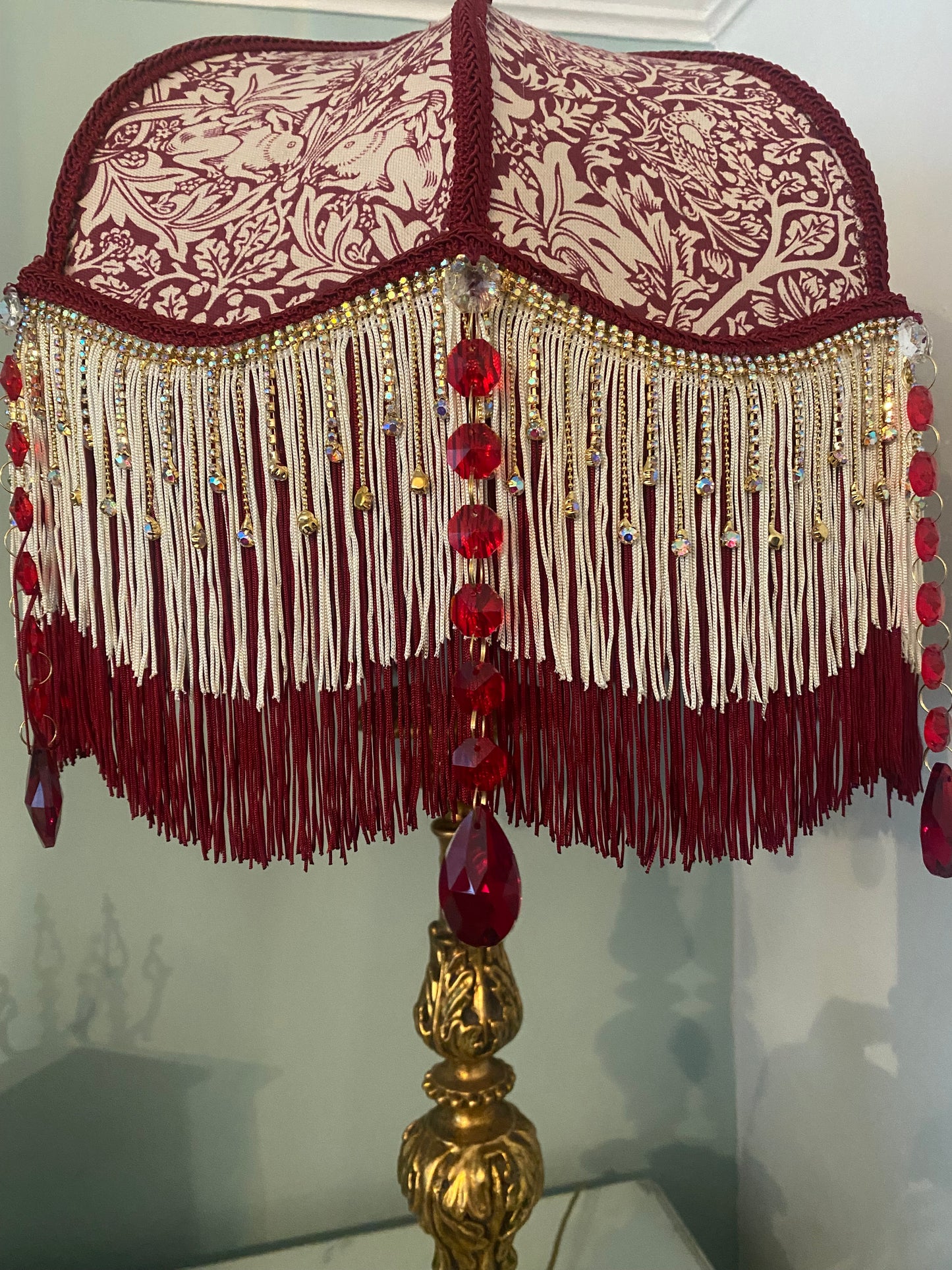 Art Deco fringed lampshade William Morris  Brer Rabbit burgundy design