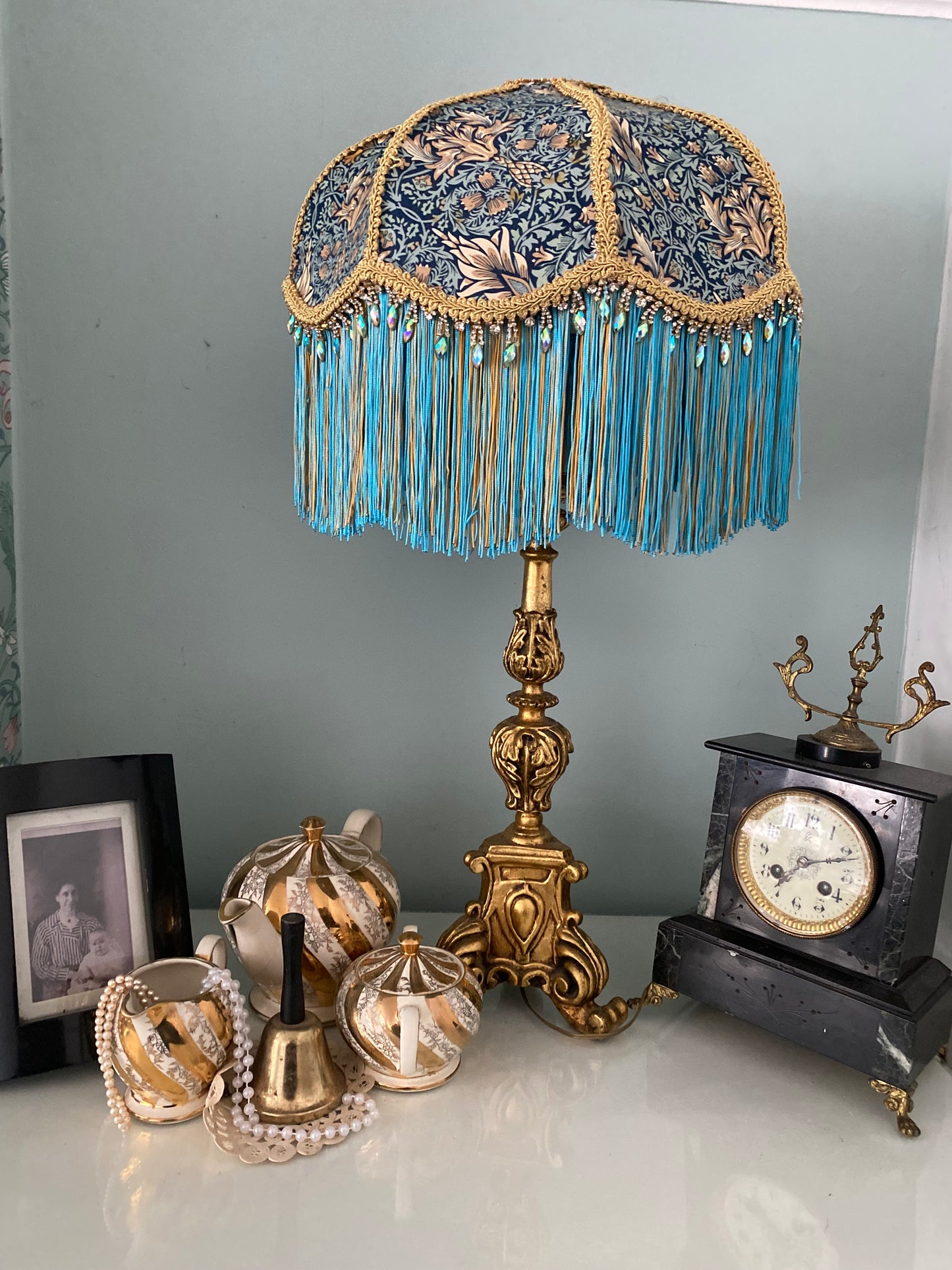 Art Deco fringed lampshade William Morris  Snakes-head in  Turquoise