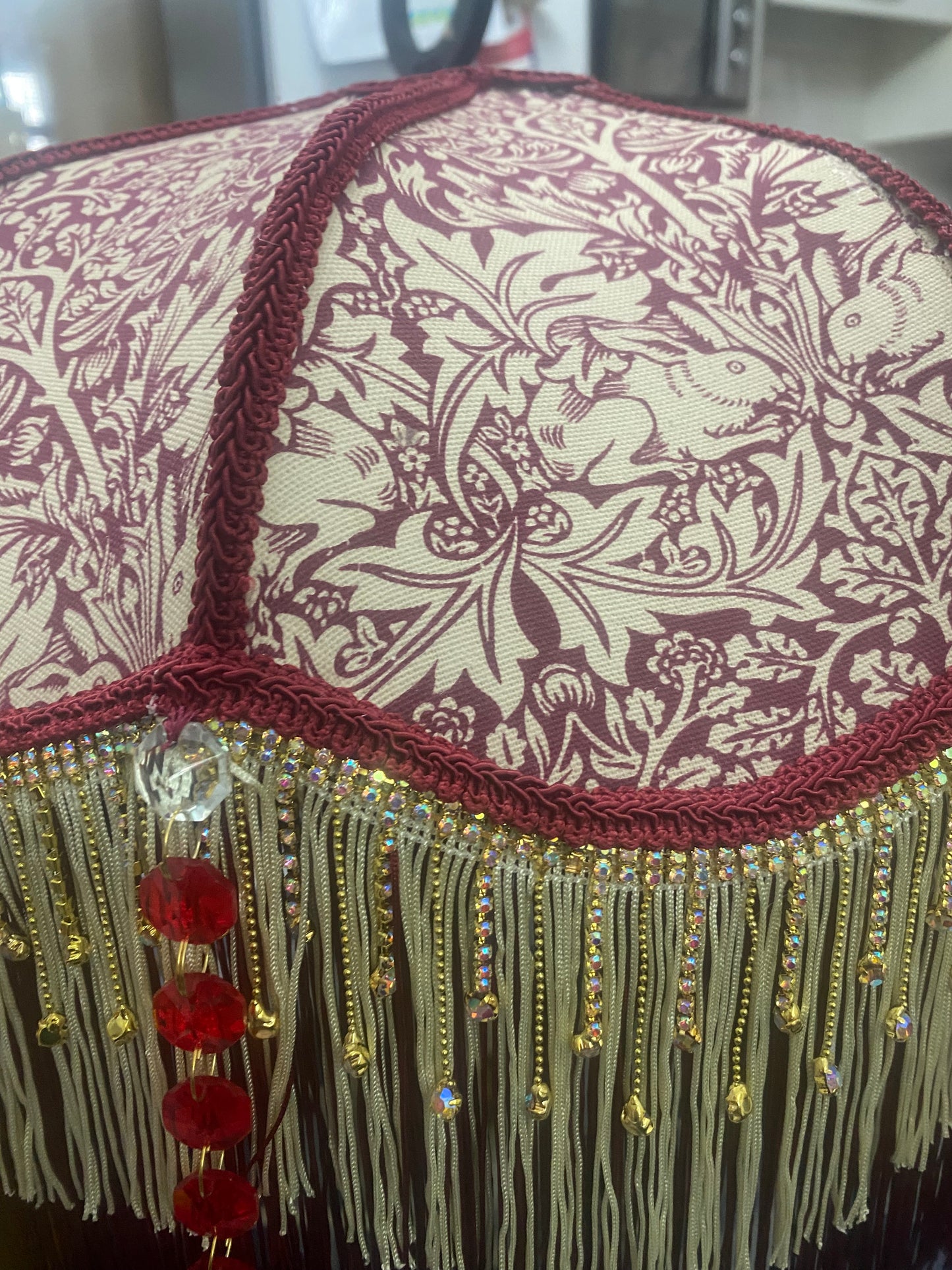 Art Deco fringed lampshade William Morris  Brer Rabbit burgundy design