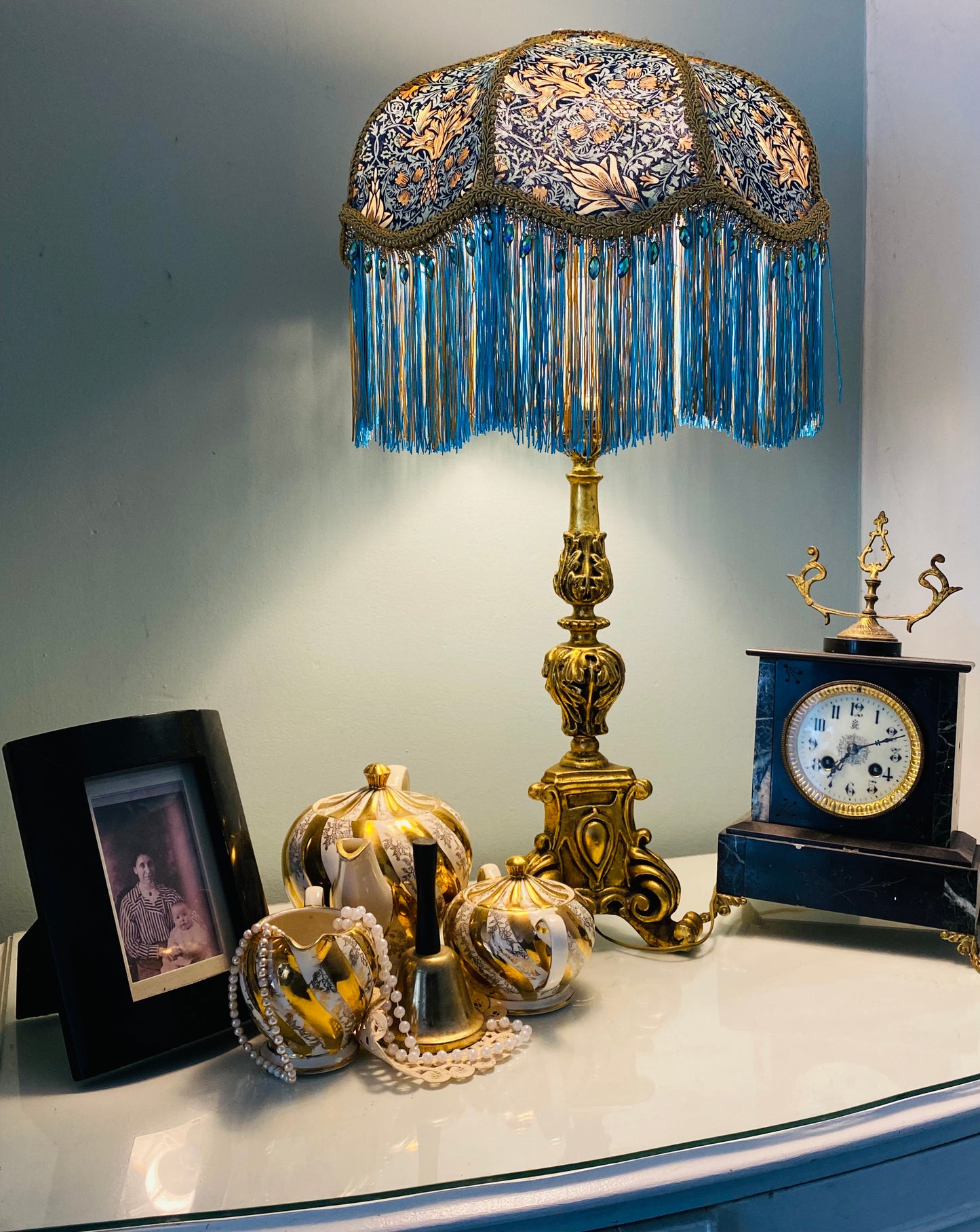 Art Deco fringed lampshade William Morris  Snakes-head in  Turquoise