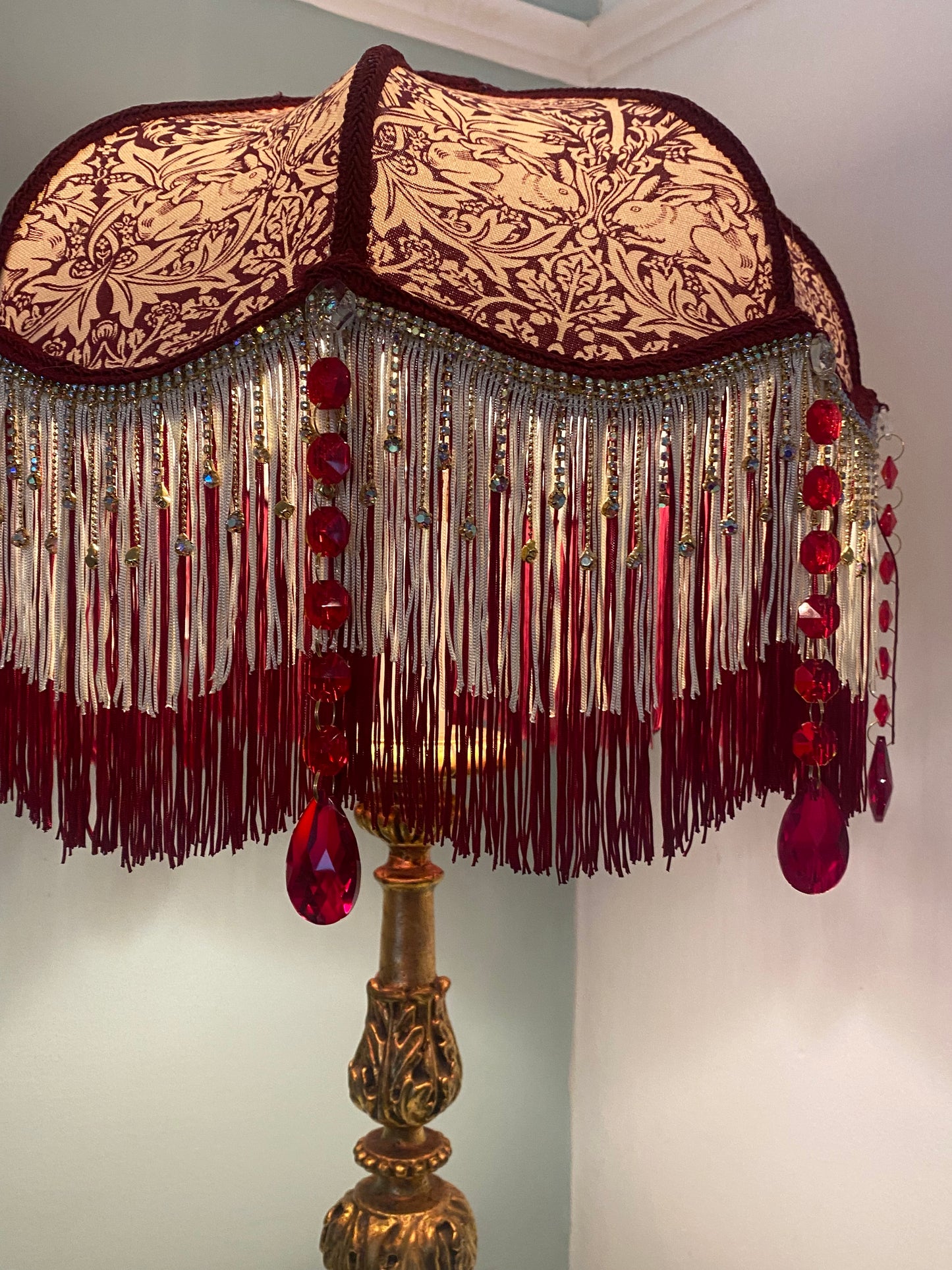 Art Deco fringed lampshade William Morris  Brer Rabbit burgundy design