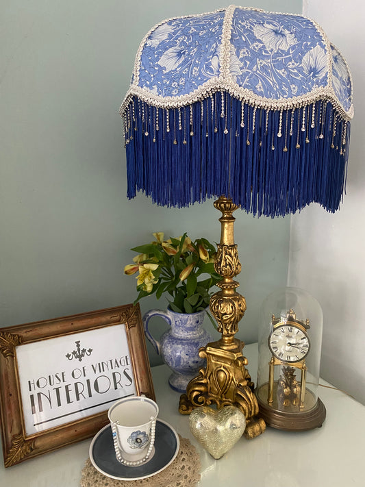 Art deco fringed lampshade :blue William Morris periwinkle  shade