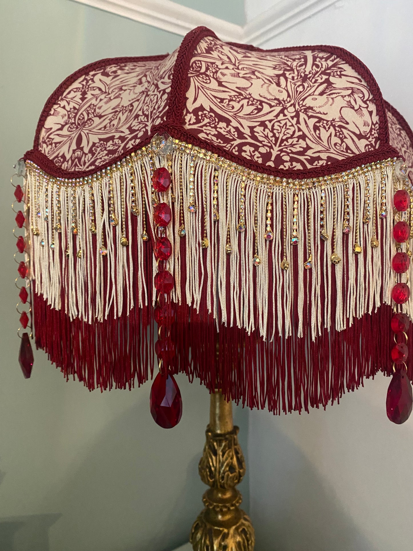 Art Deco fringed lampshade William Morris  Brer Rabbit burgundy design