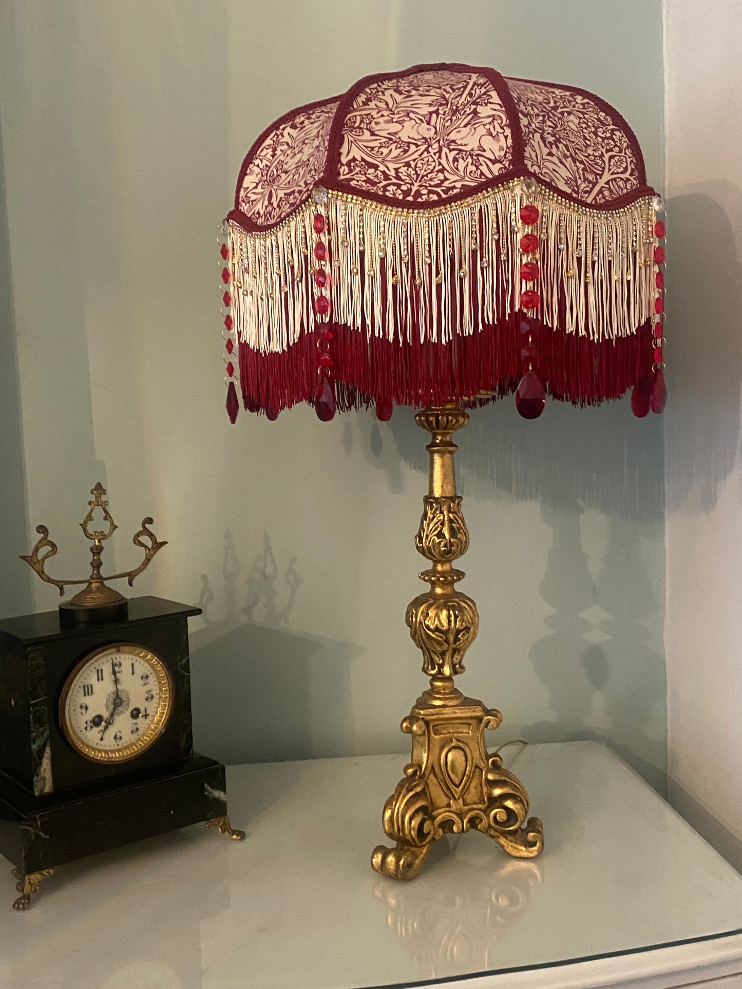 Art Deco fringed lampshade William Morris  Brer Rabbit burgundy design