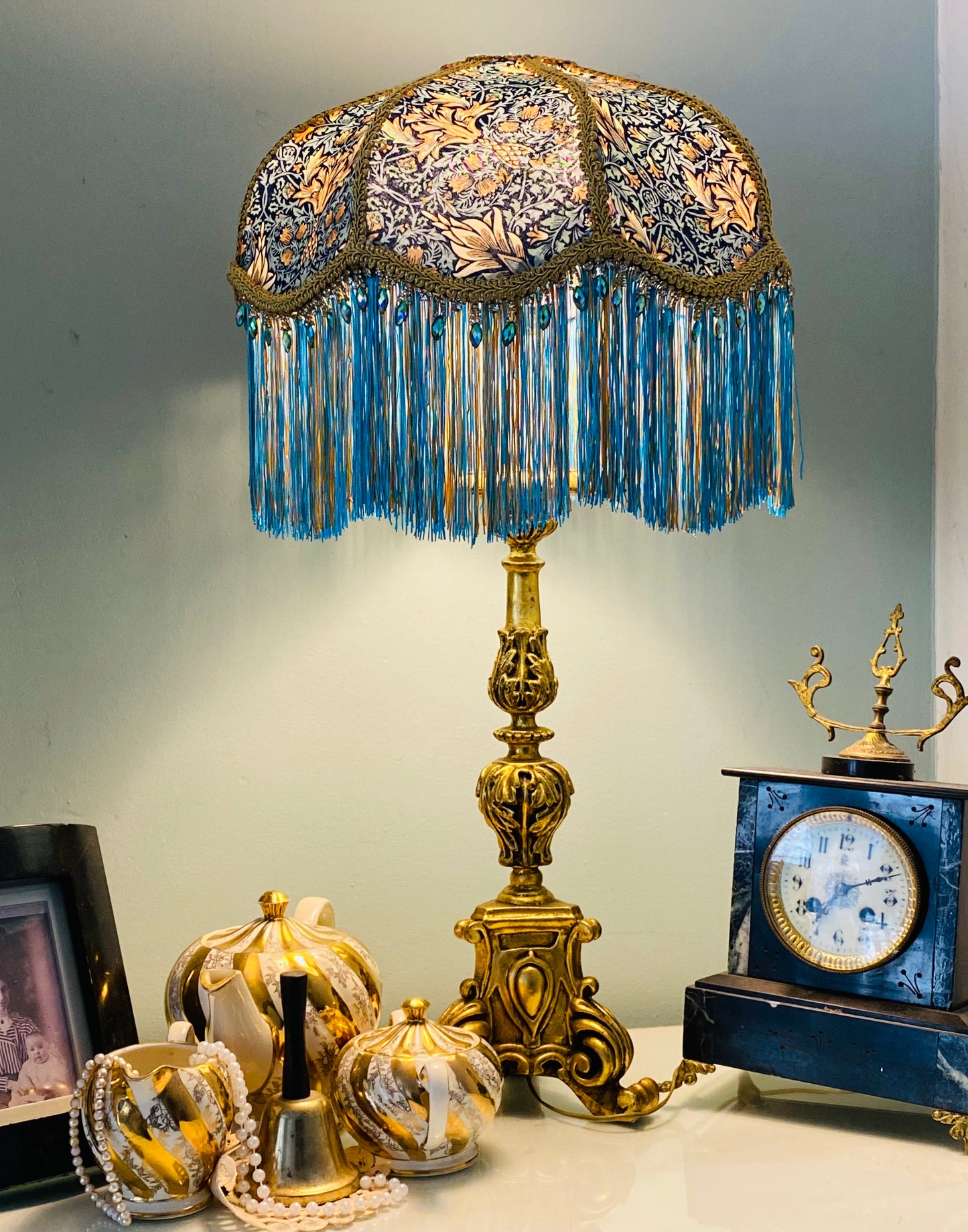 Art Deco fringed lampshade William Morris  Snakes-head in  Turquoise