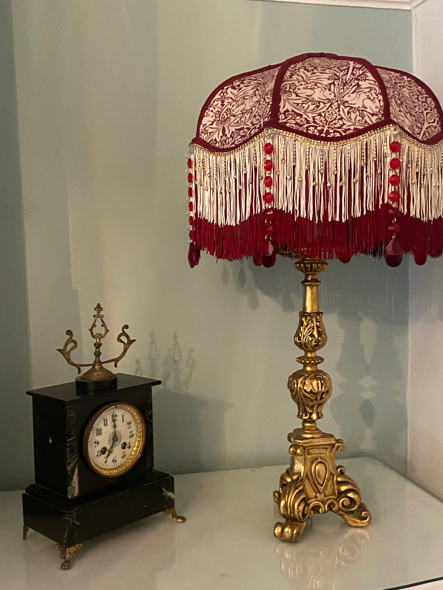 Full view – “Handmade Victorian lampshade in William Morris ‘Brer Rabbit’ fabric with burgundy trim, gold diamante fringe, and ruby glass crystal gems – elegant Arts and Crafts inspired lighting.”2