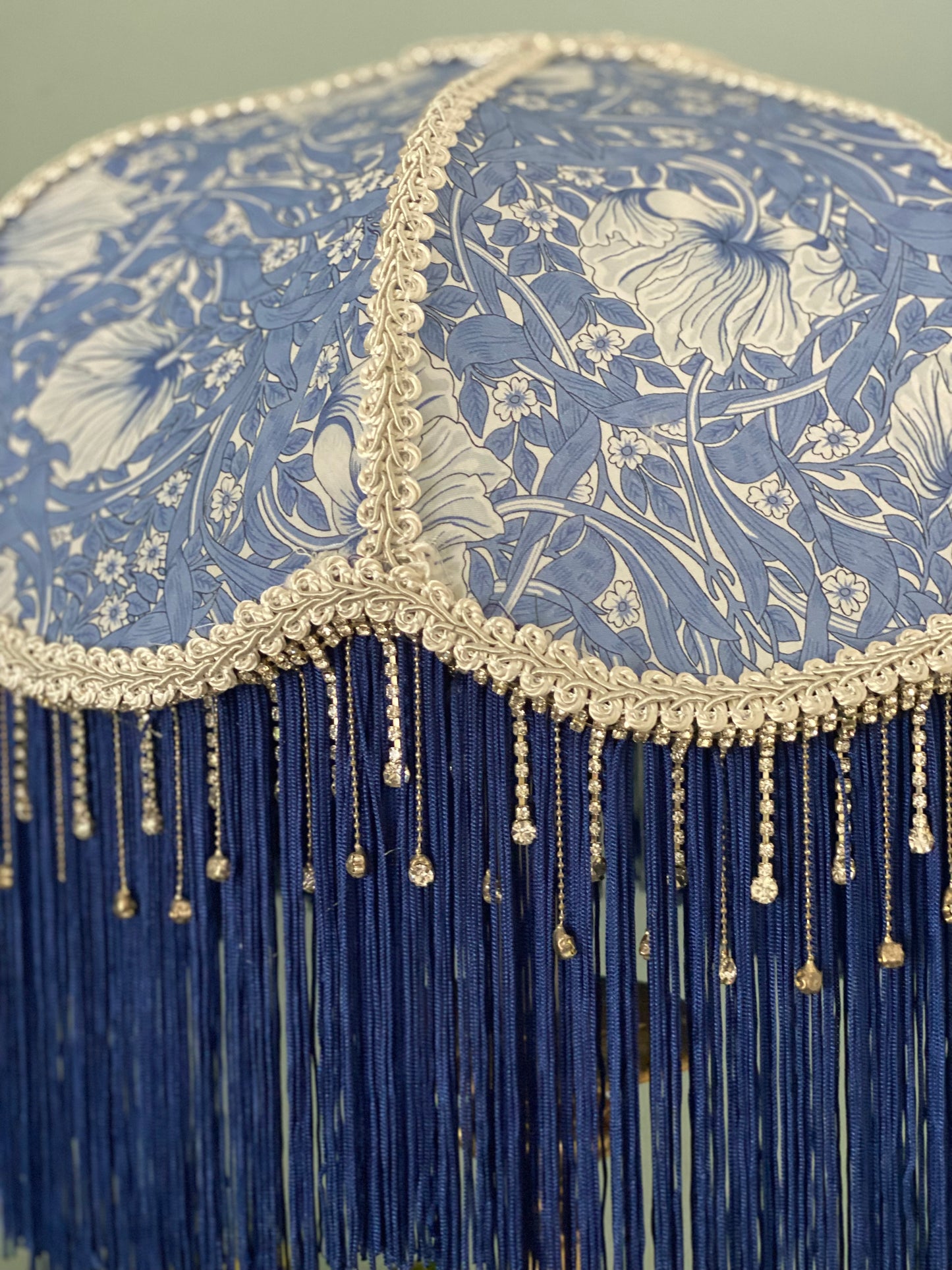 Close-up of crystal trim – “Diamante crystal beaded trim catching the light on a William Morris ‘Pimpernel’ Victorian lampshade – vintage-inspired luxury lighting detail.”