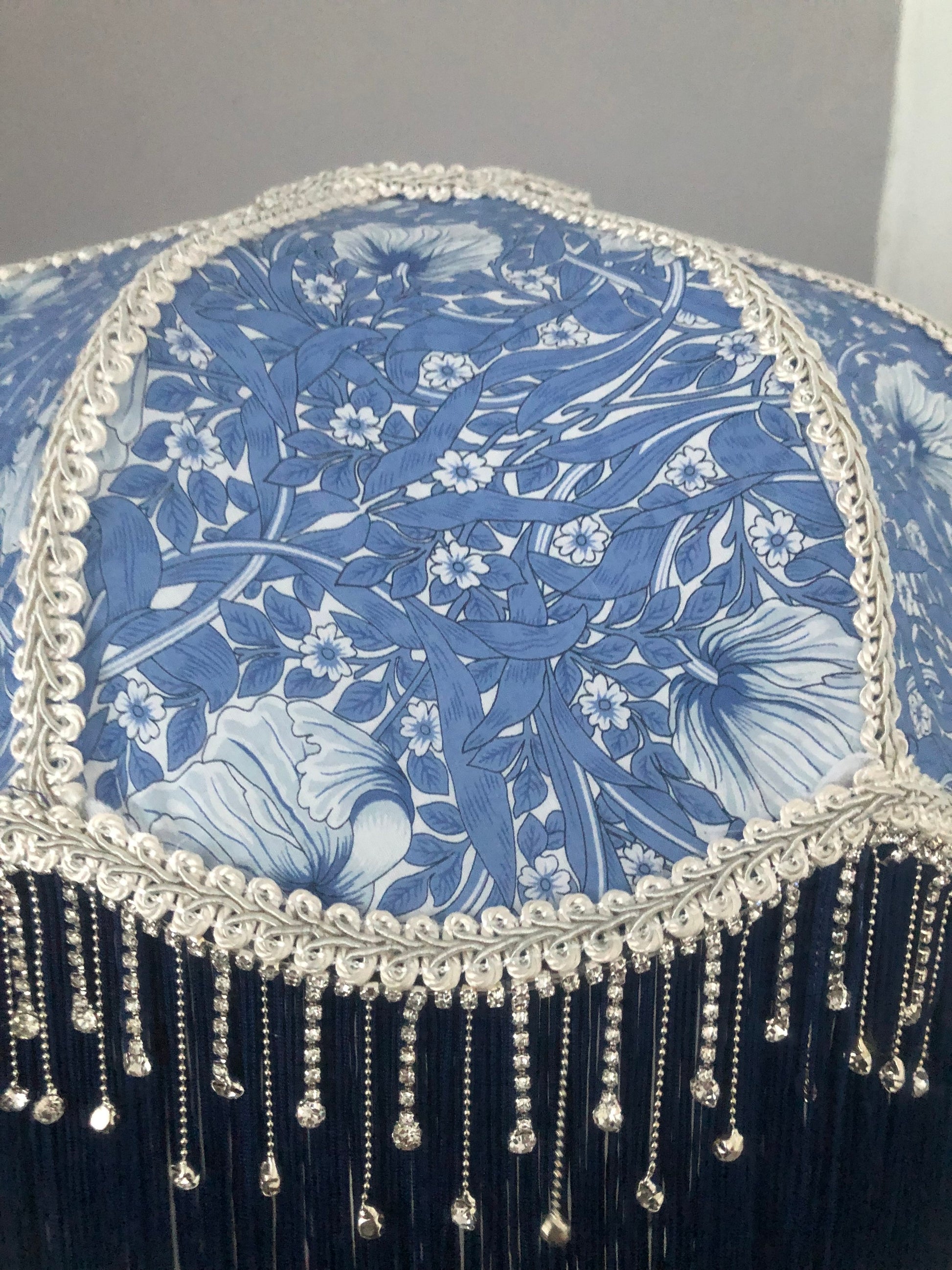Close-up of crystal trim – “Diamante crystal beaded trim catching the light on a William Morris ‘Pimpernel’ Victorian lampshade – vintage-inspired luxury lighting detail.”