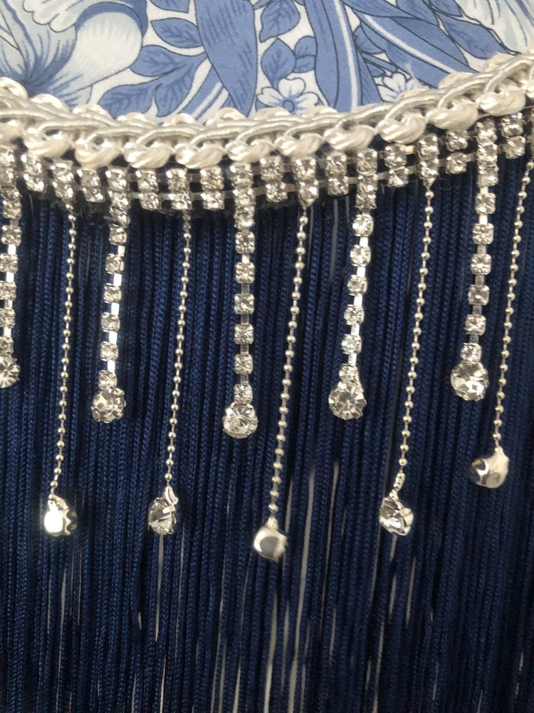 Close-up of crystal trim – “Diamante crystal beaded trim catching the light on a William Morris ‘Pimpernel’ Victorian lampshade – vintage-inspired luxury lighting detail.”zoomed in