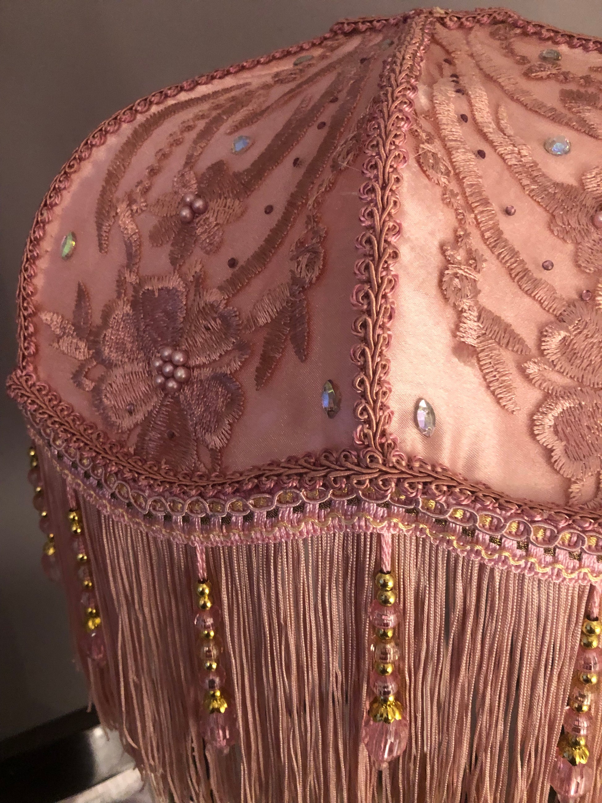 Close-up of diamante embellishment – “Diamante-encrusted floral silk panel on a pink Victorian lampshade – sparkling handmade lighting detail for romantic interiors.”