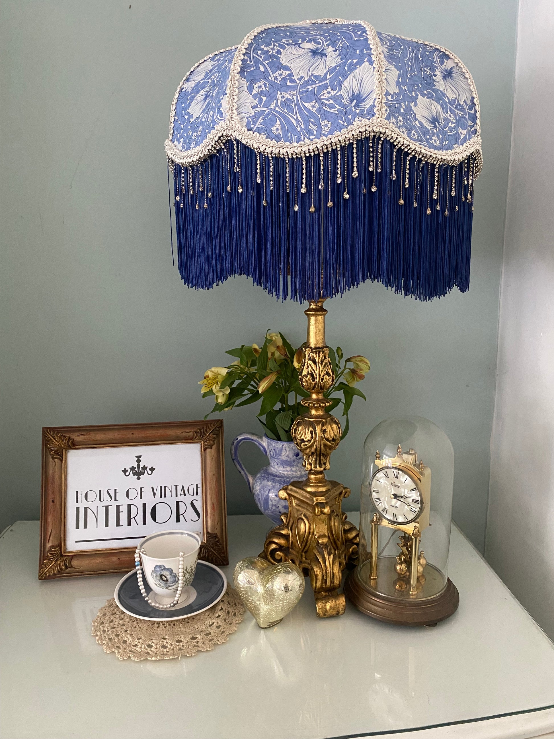 Full view – “Handmade Victorian lampshade in William Morris ‘Pimpernel’ fabric with navy blue fringe and sparkling diamante crystal beaded trim – classic Arts and Crafts inspired lighting.”2