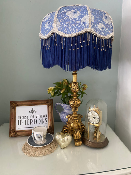 Full view – “Handmade Victorian lampshade in William Morris ‘Pimpernel’ fabric with navy blue fringe and sparkling diamante crystal beaded trim – classic Arts and Crafts inspired lighting.”2