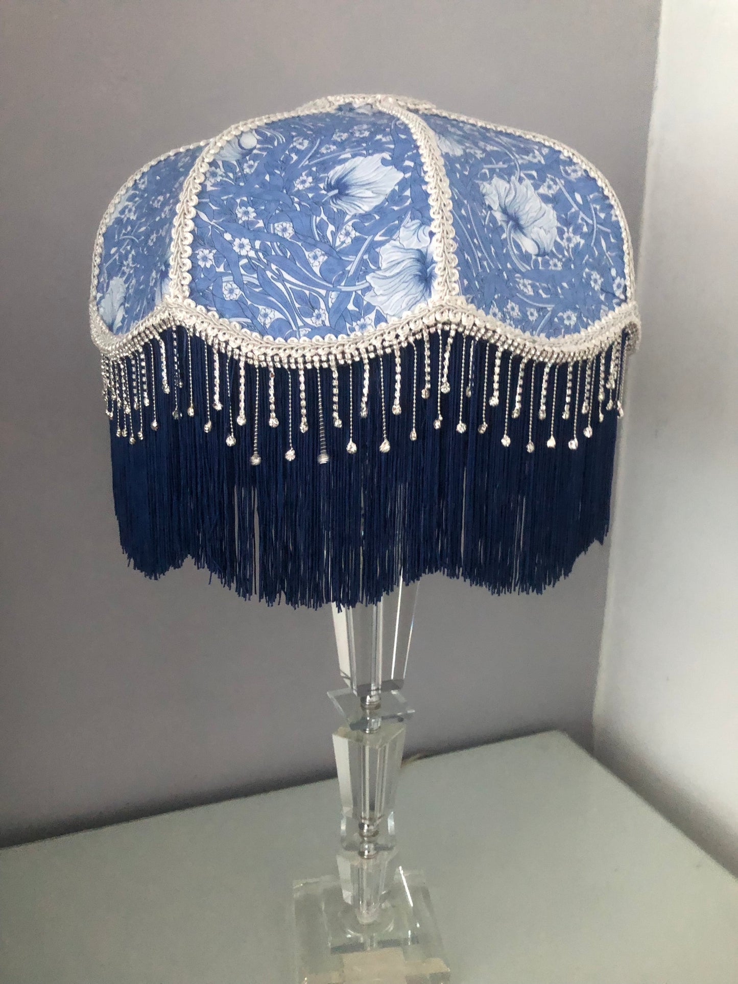 Side angle / styled setting – “William Morris ‘Pimpernel’ Victorian lampshade featuring navy blue fringe and crystal beaded trim – elegant handcrafted vintage home décor lighting.”