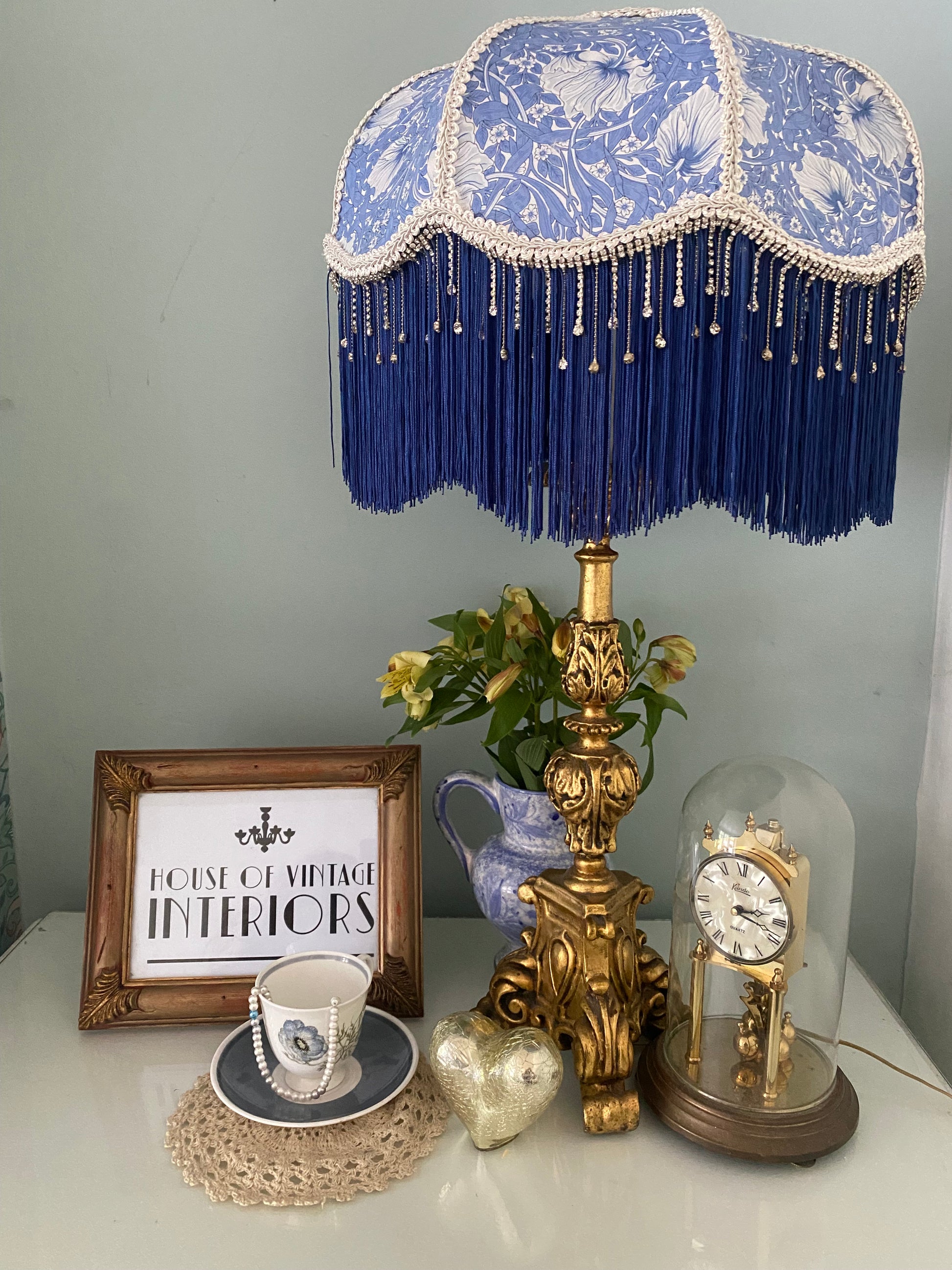 Full view – “Handmade Victorian lampshade in William Morris ‘Pimpernel’ fabric with navy blue fringe and sparkling diamante crystal beaded trim – classic Arts and Crafts inspired lighting.”vintage lifestyle