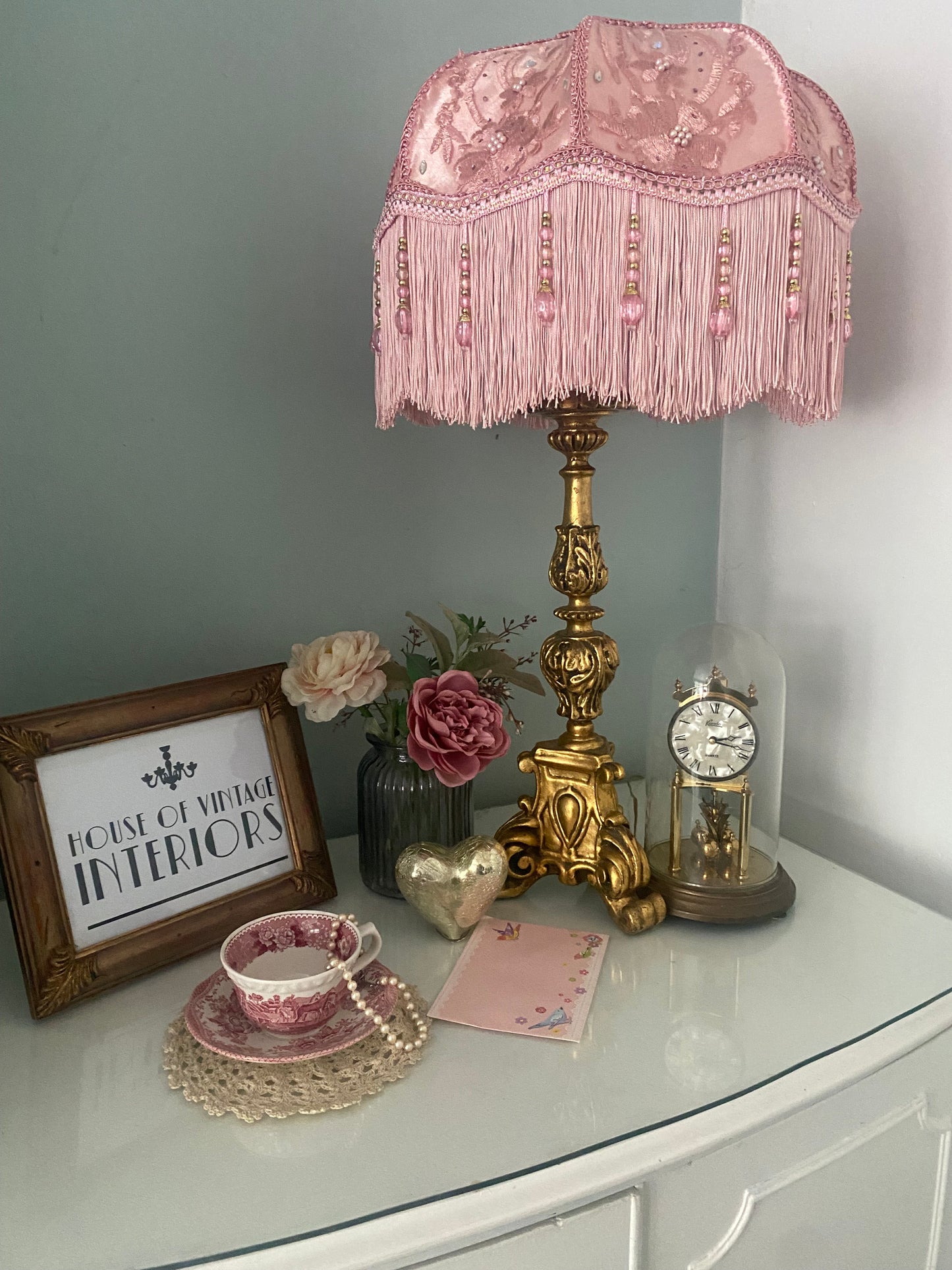 Lifestyle / styled setting – “Pink floral Victorian lampshade with diamante sparkle and fringe, styled in a feminine vintage room – handmade luxury lighting accent.”