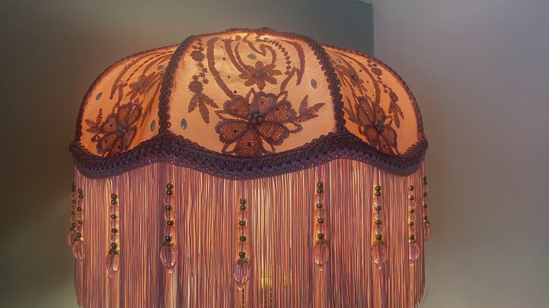 Load video: video of pink art deco diamante encrusted fringed lampshade