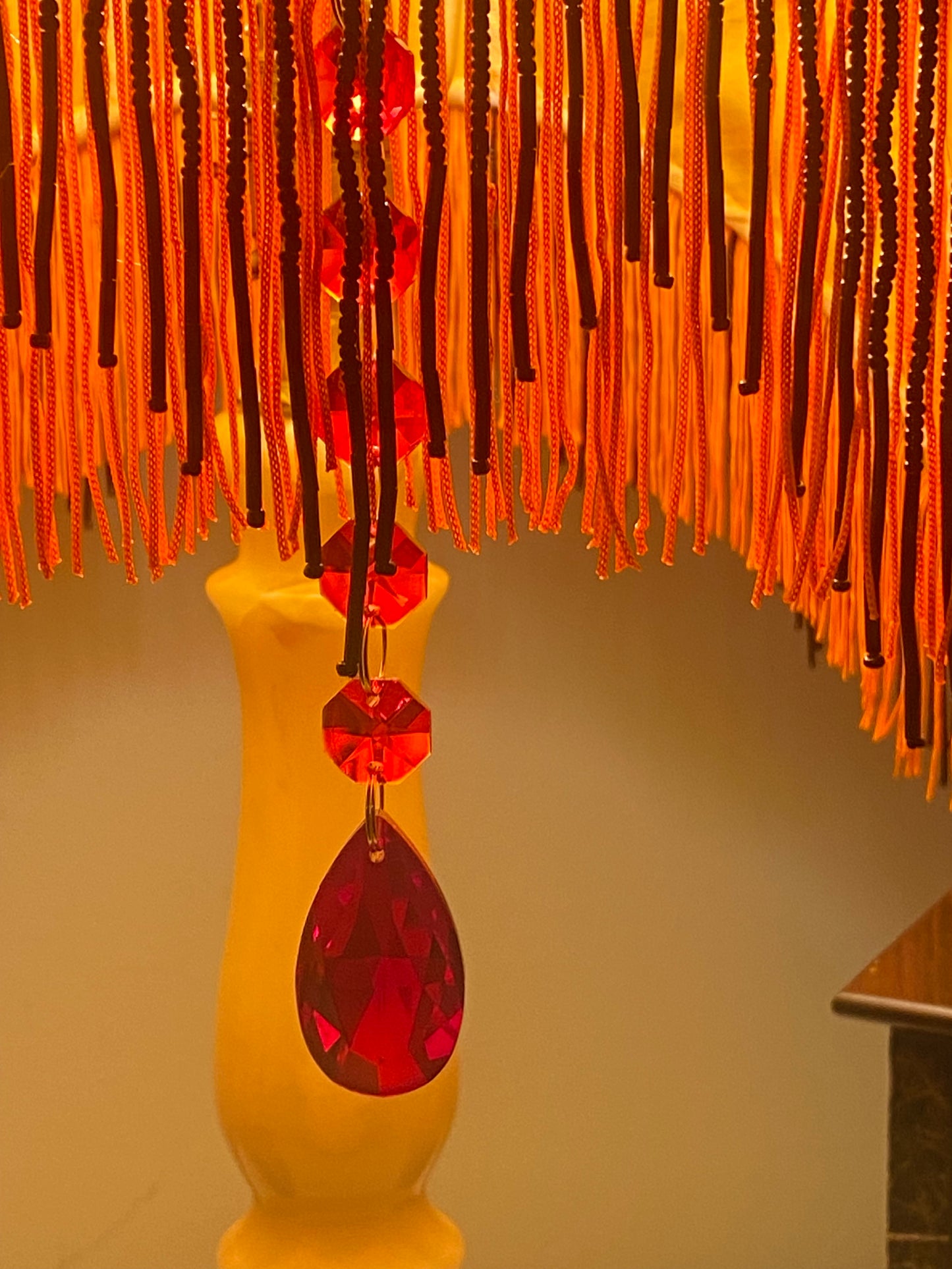 Close up view of the pretty red jewelled crystal droplets