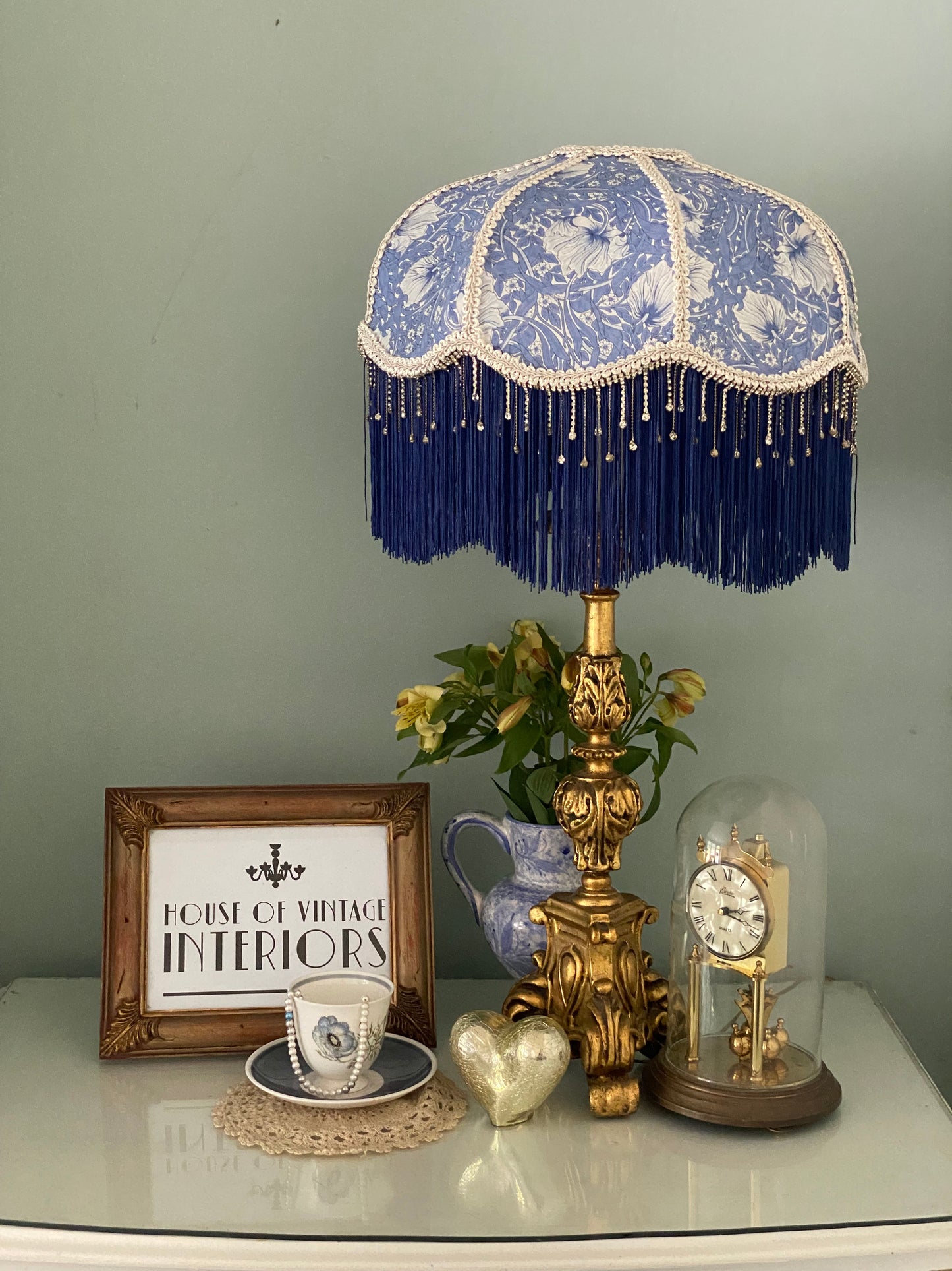 Full view – “Handmade Victorian lampshade in William Morris ‘Pimpernel’ fabric with navy blue fringe and sparkling diamante crystal beaded trim – classic Arts and Crafts inspired lighting.”